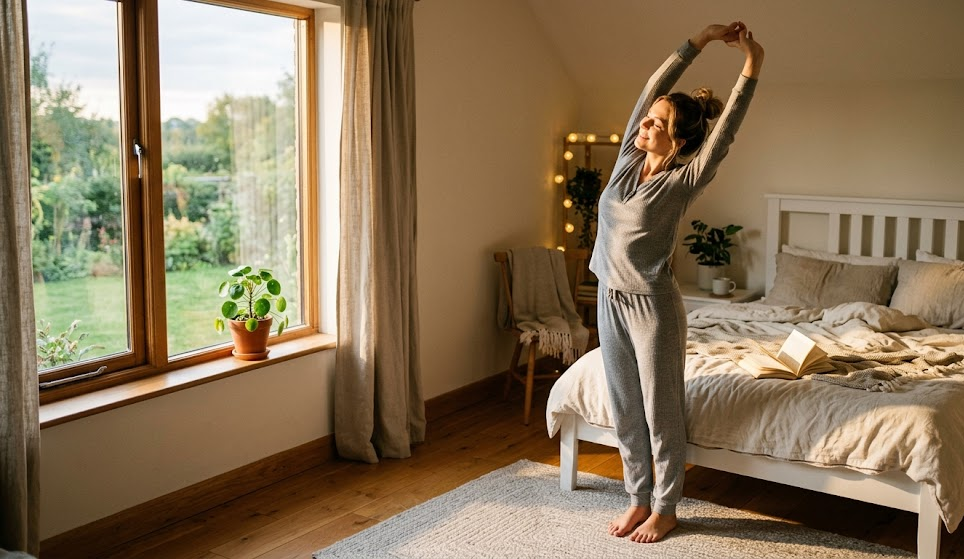 peaceful morning scene with natural light streaming through window, person stretching with positive energy, warm tones, serene atmosphere