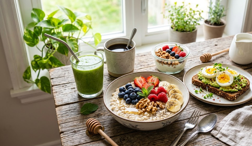 healthy balanced breakfast with fresh fruits, whole grains, natural ingredients on wooden table, bright natural lighting, vibrant colors